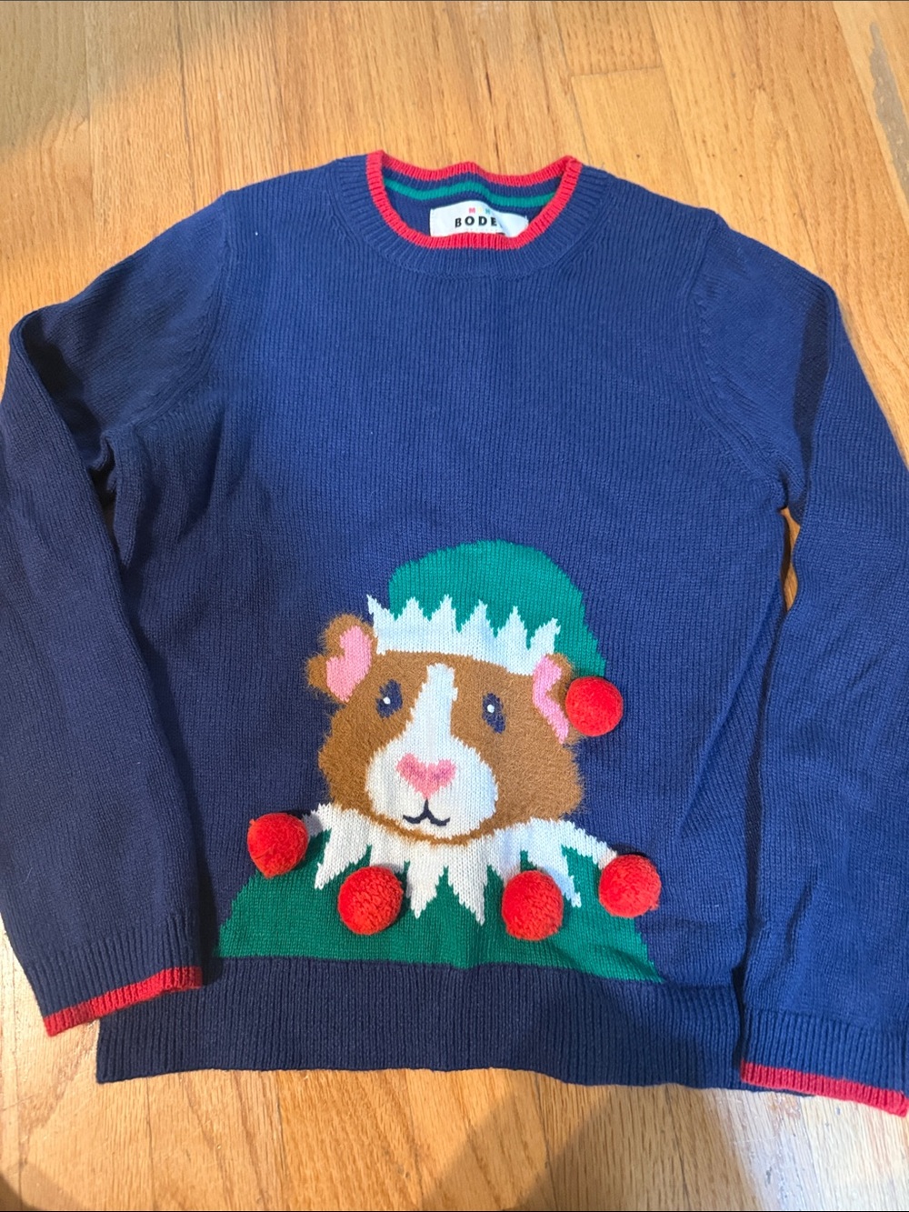 Mini Boden Navy Crewneck Sweater with Festive Guinea Pig Motif size 7-8